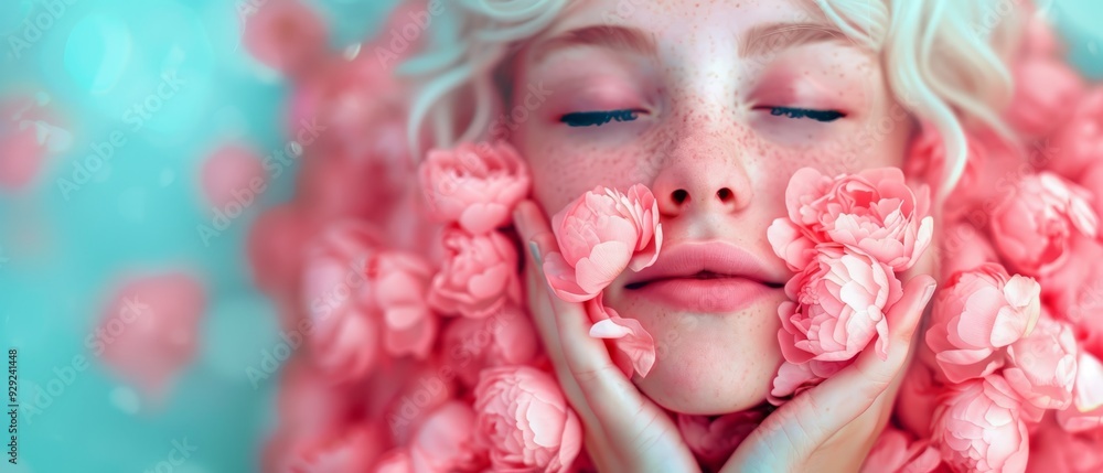 A tight shot of a person with pink blooms pressed against their face Hands resting beneath, eyes shut A tight shot of a person with pink blooms pressed against their face Hands resting beneath, eyes shut