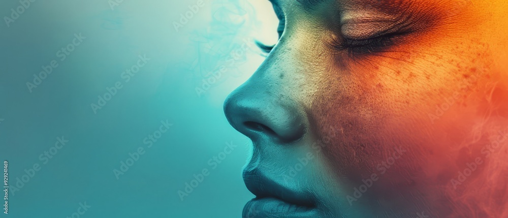 A tight shot of a woman's face, her eyes shut, exhaling a cloud of smoke from her nostrils A tight shot of a woman's face, her eyes shut, exhaling a cloud of smoke from her nostrils