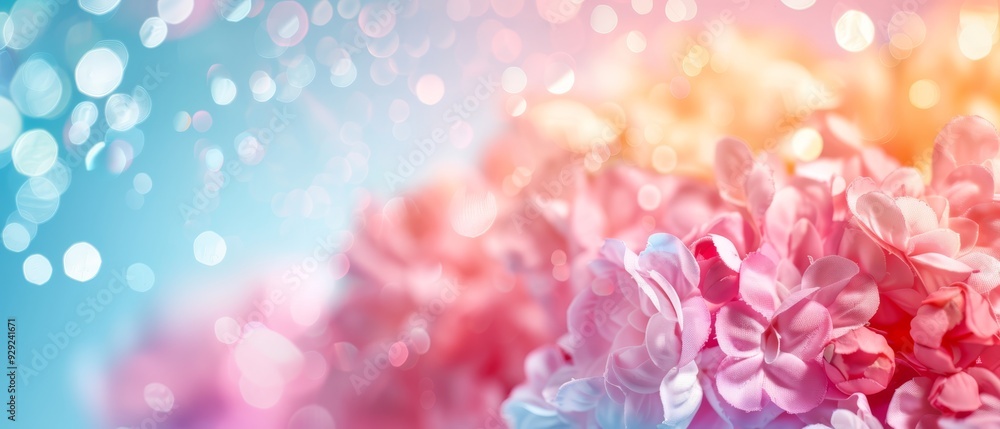 Fototapeta premium A tight shot of various blooms against a blue and pink backdrop, soft-focused lights included
