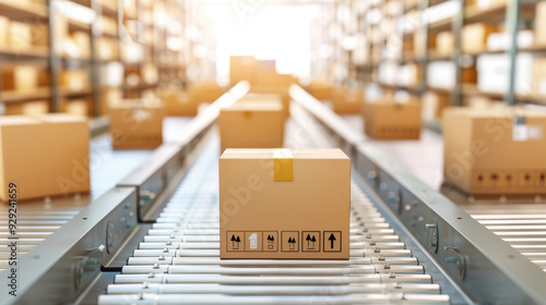 A focused view of a single cardboard box on a conveyor belt in a warehouse, symbolizing logistics and inventory movement.