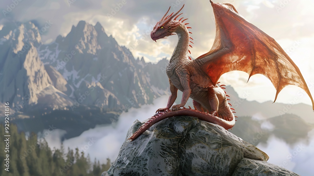 Red dragon perched on mountaintop with wings spread and tail trailing Red dragon perched on mountaintop with wings spread and tail trailing