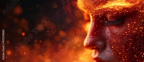 A tight shot of a woman's face adorned with golden flecks, her eyes serenely closed