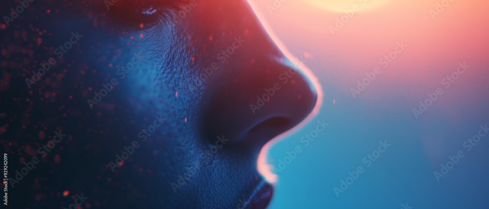 A tight shot of a woman's face, sun casting shadows from behind A tight shot of a woman's face, sun casting shadows from behind