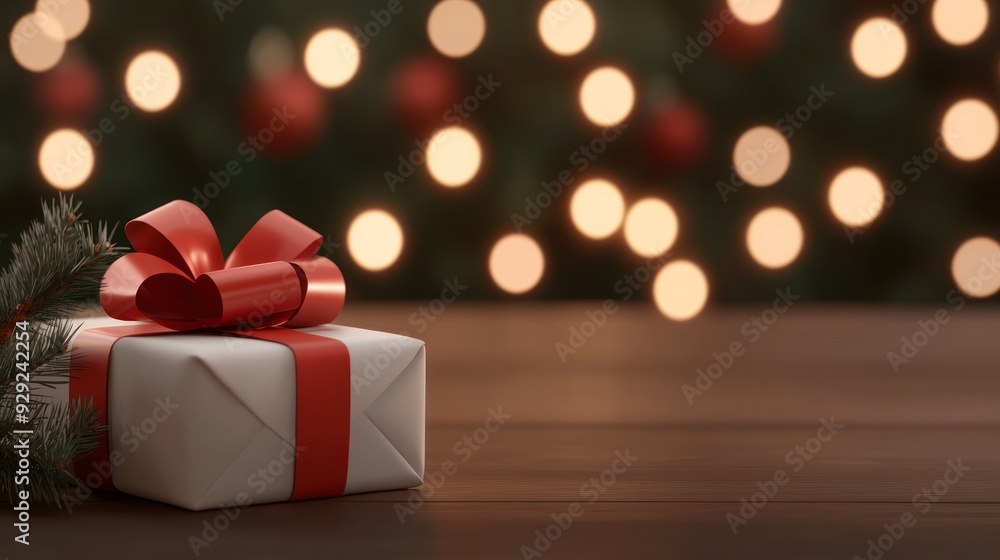 A beautifully wrapped gift box with a red ribbon, set against a festive background of blurred holiday lights. A beautifully wrapped gift box with a red ribbon, set against a festive background of blurred holiday lights.