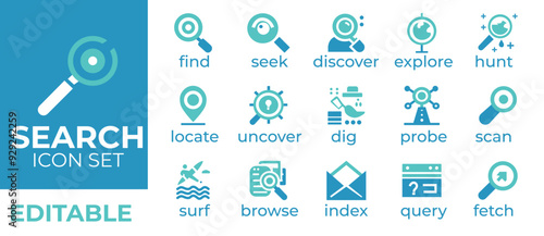 Search Icon Set: Editable vector icons for find, seek, discover, explore, locate, uncover, dig, probe, scan, surf, browse, index, query, and fetch concepts. Perfect for web, app, and UI design.searchi