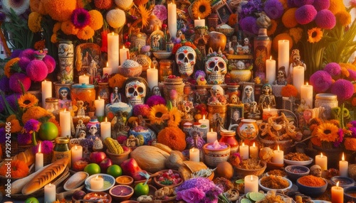 Colorful traditional Mexican altar with candles, skulls, flowers, and food for Day of the Dead