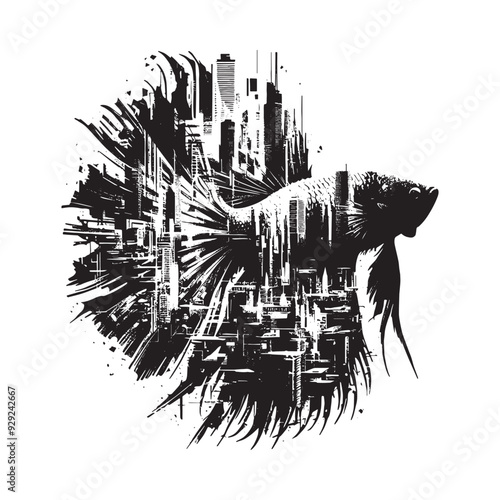 silhouette of Betta Fish filled with destroyed futuristic dystopia environment in rough drawing