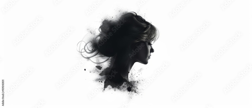 Fototapeta premium A monochrome image of a woman's profile, her hair billowing in the wind against a stark black and white backdrop