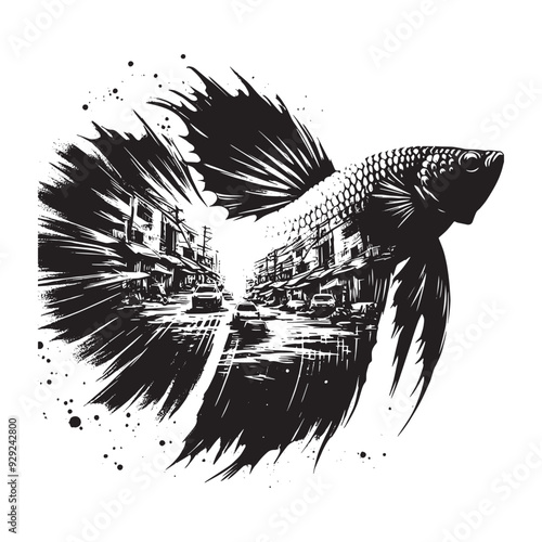 silhouette of Betta Fish filled with ghetto street in rough drawing