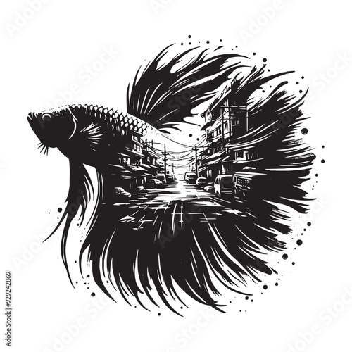 silhouette of Betta Fish filled with ghetto street in rough drawing