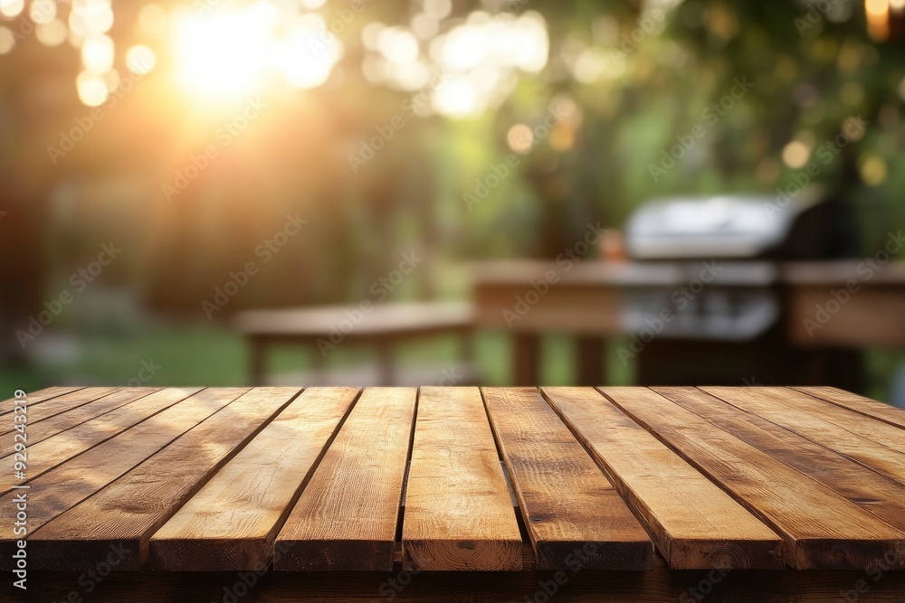 Empty wood table with blur BBQ space for background with generative ai Empty wood table with blur BBQ space for background with generative ai