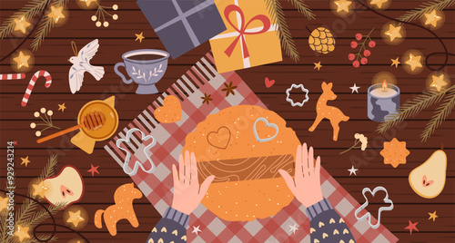 Christmas greeting card template with kneading dough hands and decorating cookies, cup of tea, garland with stars and festive seasonal decorations lying on table. Top view. Vector flat illustration
