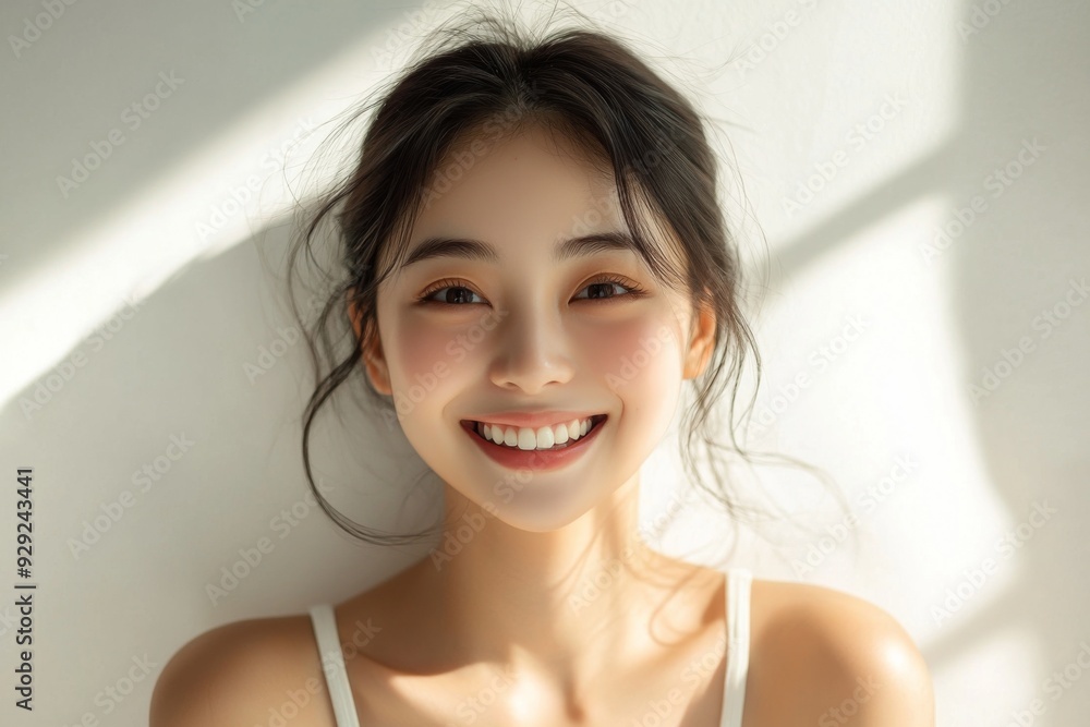 Beautiful young Asian woman smiling and happy created with Generative AI Beautiful young Asian woman smiling and happy created with Generative AI