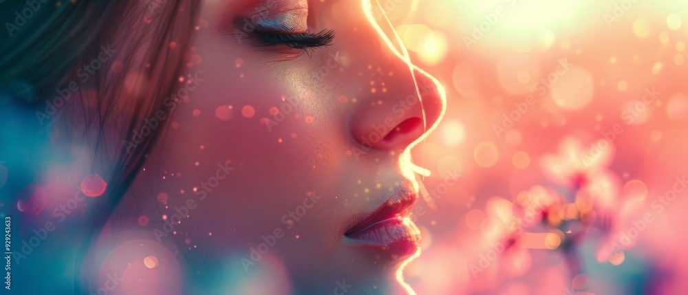 Close-up of woman's face, covered in water droplets, against pink and blue backdrop Close-up of woman's face, covered in water droplets, against pink and blue backdrop