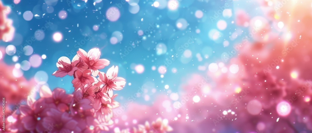 A scene with numerous pink blossoms against a backdrop of blue and pink, featuring a softly blurred sky A scene with numerous pink blossoms against a backdrop of blue and pink, featuring a softly blurred sky