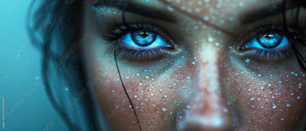 A tight shot of a woman's expressive blue eyes, adorned with pearls of water Her wavy hair billows in the breeze A tight shot of a woman's expressive blue eyes, adorned with pearls of water Her wavy hair billows in the breeze