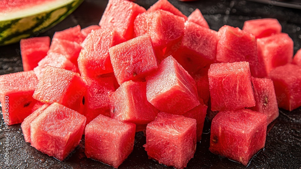 Watermelon cubes on black surface with slice nearby Watermelon cubes on black surface with slice nearby
