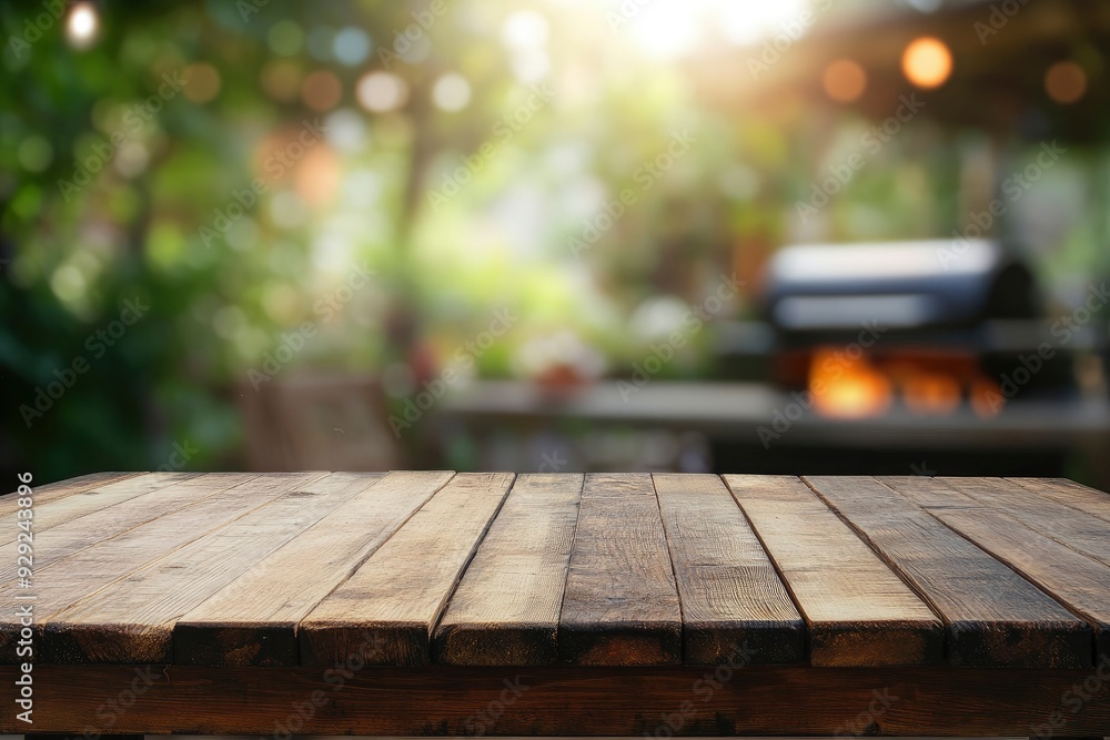 Fototapeta premium Empty wood table with blur BBQ space for background with generative ai