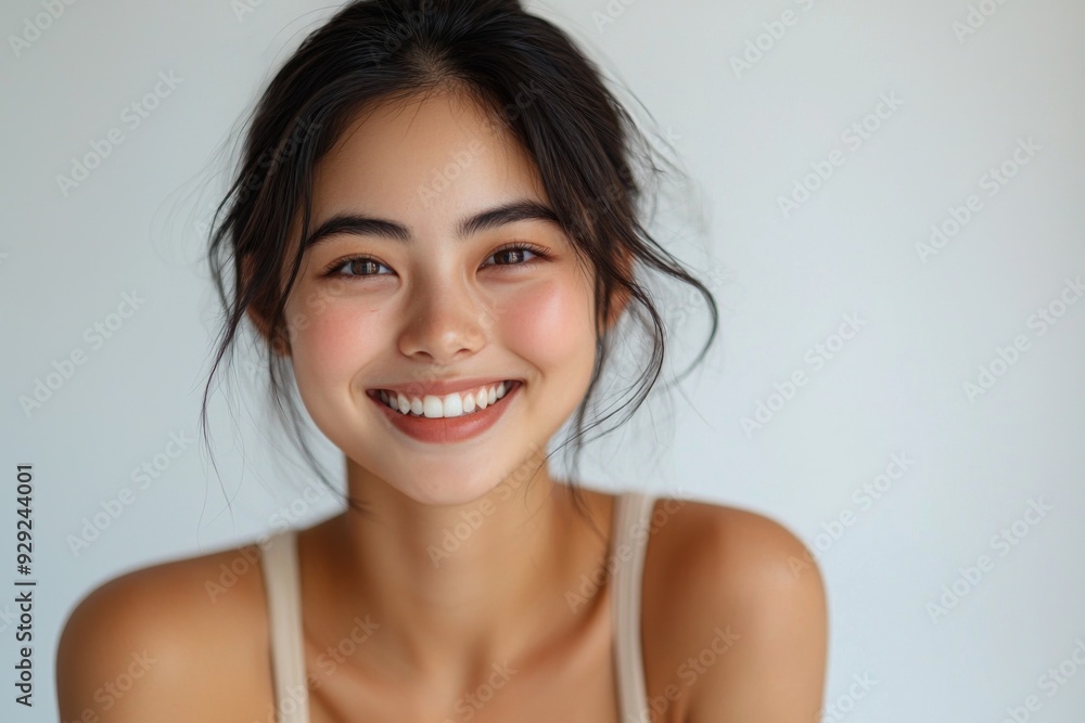Beautiful young Asian woman smiling and happy created with Generative AI Beautiful young Asian woman smiling and happy created with Generative AI
