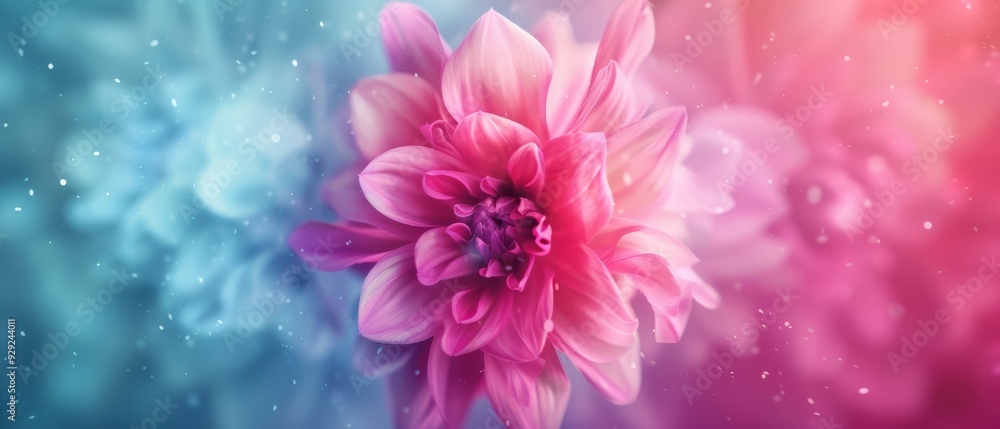 Obraz premium A tight shot of a pink blossom against a backdrop of blue and pink Droplets of water punctuate the foreground