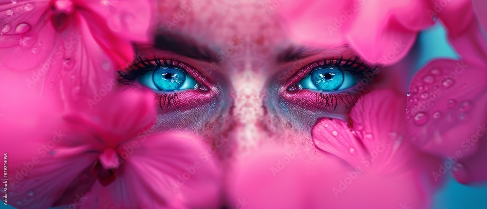 Naklejka premium A tight shot of a woman's face with blue eyes, surrounded by pink flowers in the foreground A solitary pink flower sits prominently among them