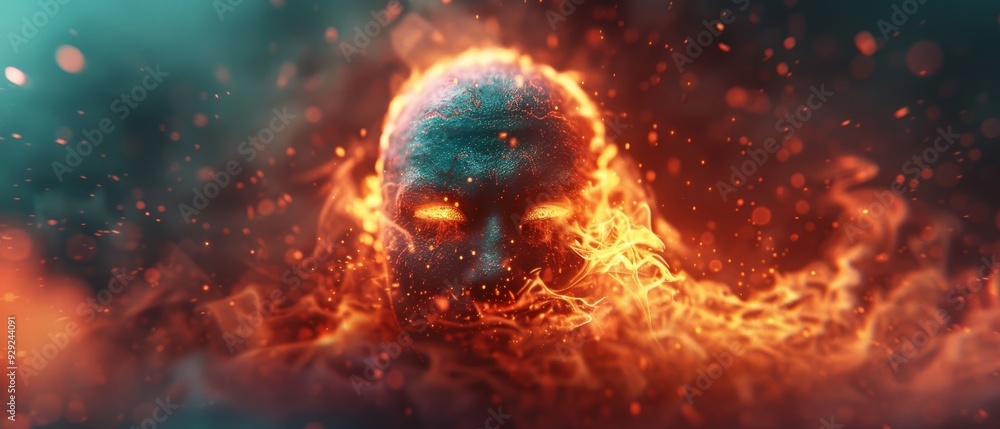 A tight shot of an individual with flames engulfing their face, and a fireball hovering near in front A tight shot of an individual with flames engulfing their face, and a fireball hovering near in front