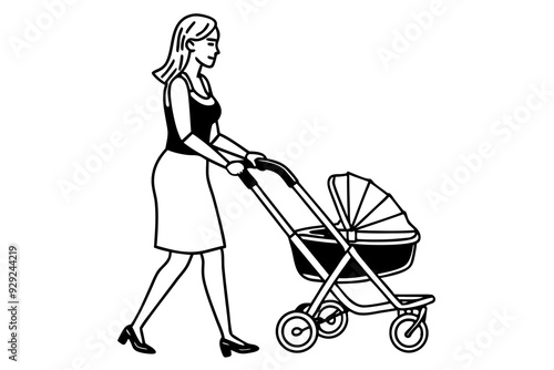 Woman with baby stroller art vector illustration