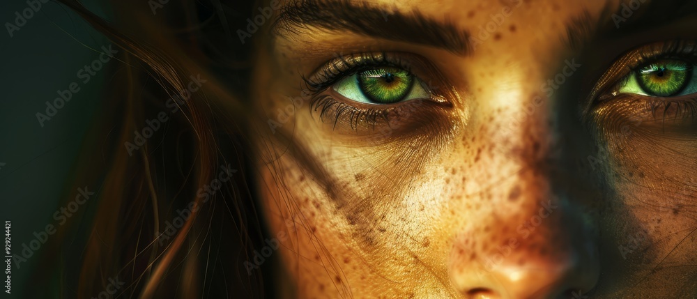 A tight shot of a woman's face, adorned with a scattering of freckles, framing her expressive green eyes A tight shot of a woman's face, adorned with a scattering of freckles, framing her expressive green eyes