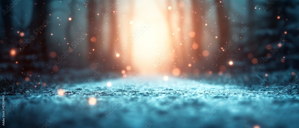 Obraz premium A crisp image of the sun filtering through wintery trees in a forest, blanketing the ground with fresh snow and scattering flakes mid-air