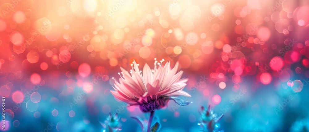 A pink flower sits in the foreground of a field, while the background is softly lit with blurred lights A pink flower sits in the foreground of a field, while the background is softly lit with blurred lights
