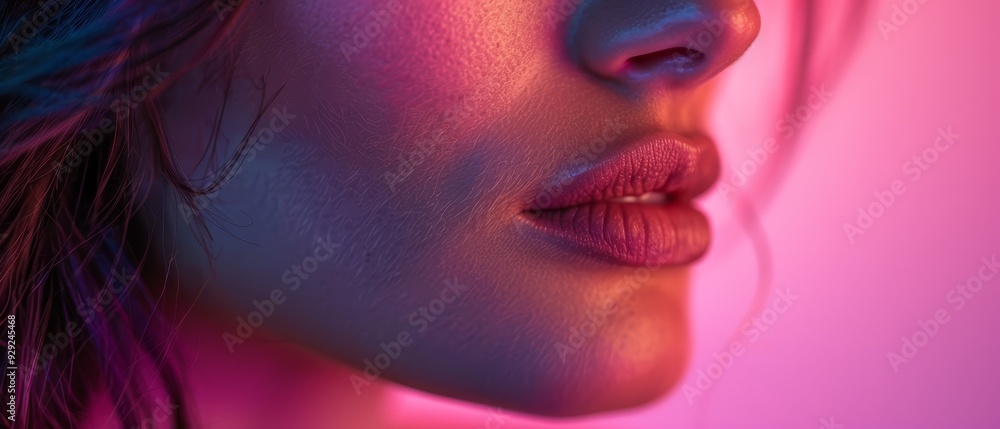 A woman's face, lit closely by pink and blue lights, revealing her cheek and lip A woman's face, lit closely by pink and blue lights, revealing her cheek and lip