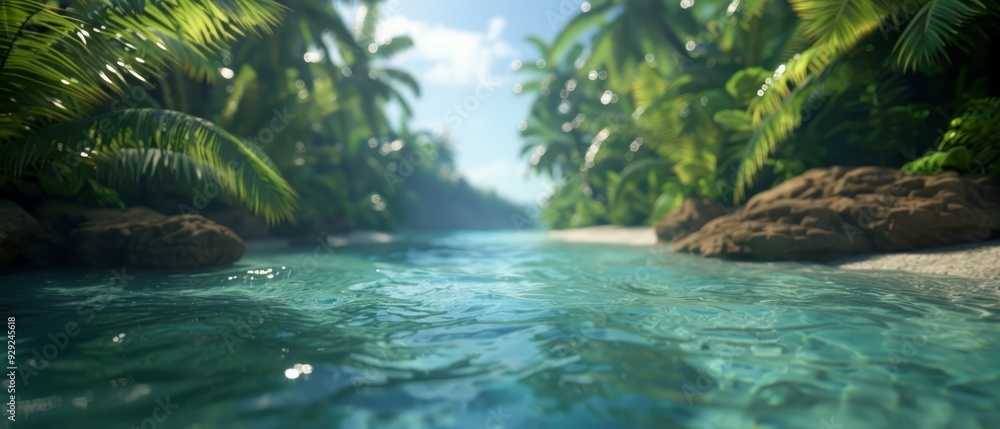 Fototapeta premium A river runs through a lush, green forest teeming with numerous palm trees The forest gives way to a tranquil, blue body of water surrounded by rocks