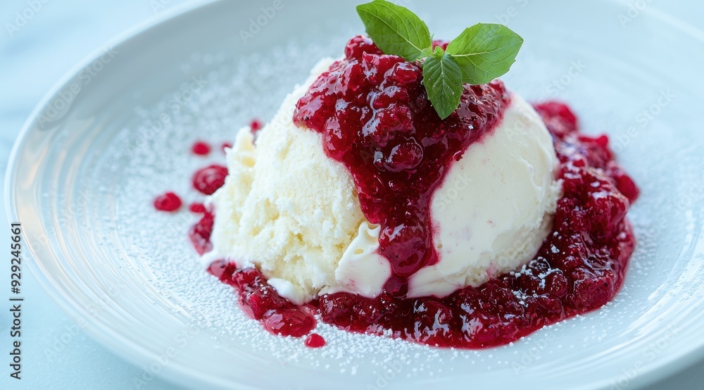 Delicious dessert with ice cream and berry compote Delicious dessert with ice cream and berry compote
