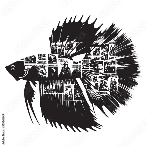 silhouette of Betta Fish filled with vintage punk's poster collage wall in rough drawing