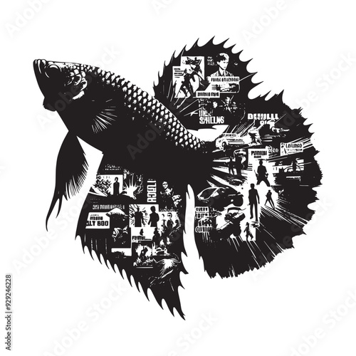 silhouette of Betta Fish filled with vintage punk's poster collage wall in rough drawing