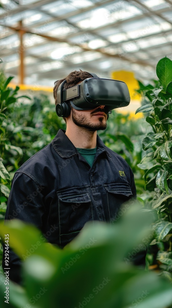 A technician with a VR headset navigates a vibrant greenhouse filled with greenery A technician with a VR headset navigates a vibrant greenhouse filled with greenery