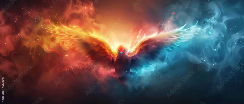 A bird of prey is depicted in an abstract painting, centrally situated against a vibrant backdrop of blue, red, yellow, and orange hues A bird of prey is depicted in an abstract painting, centrally situated against a vibrant backdrop of blue, red, yellow, and orange hues