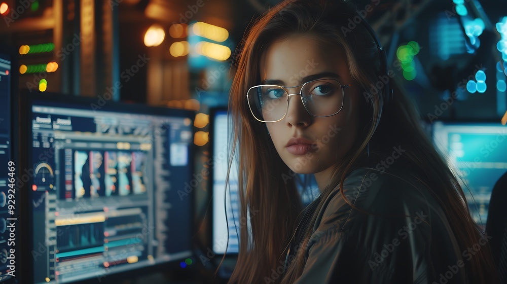 Focused on work. Young professional female hacker is indoors by computer with lot of information on displays Focused on work. Young professional female hacker is indoors by computer with lot of information on displays