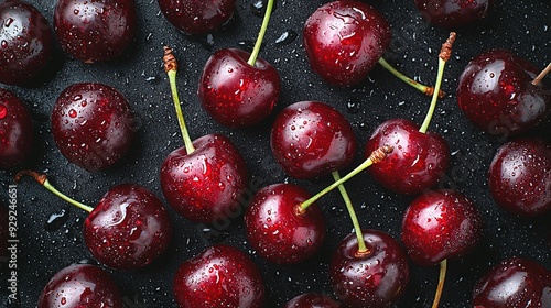   A group of cherries sat atop a black surface, their rain-soaked table glistening with droplets