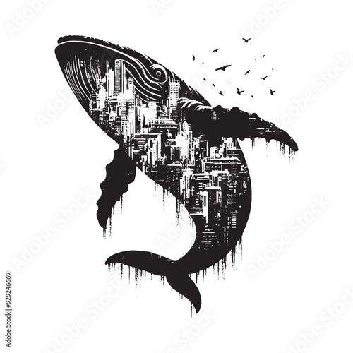 silhouette of Blue Whale filled with destroyed futuristic dystopia environment in rough drawing