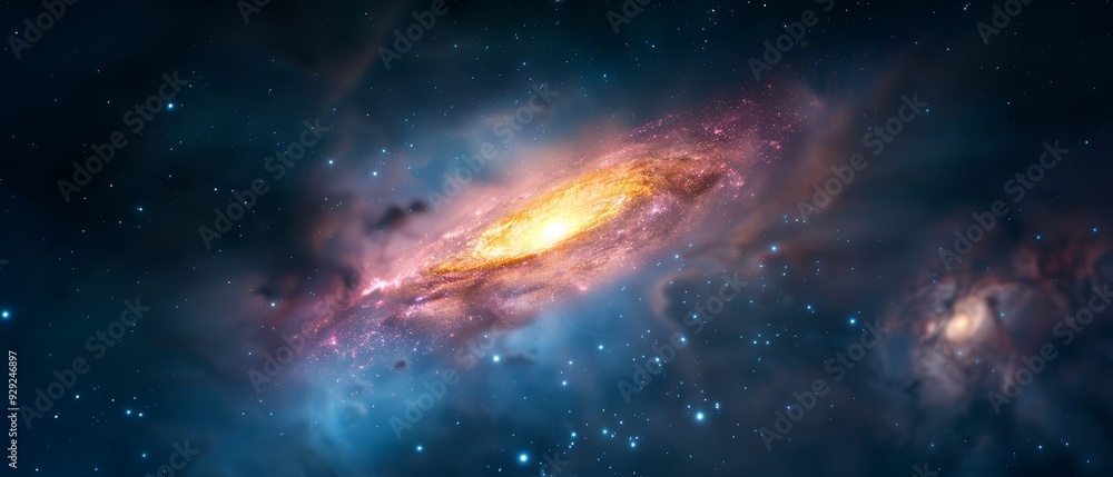 A space scene featuring a spiral galaxy in the foreground and a radiant yellow-blue spiral galaxy in the background A space scene featuring a spiral galaxy in the foreground and a radiant yellow-blue spiral galaxy in the background