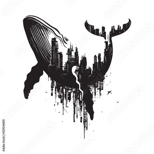 silhouette of Blue Whale filled with destroyed futuristic dystopia environment in rough drawing