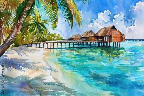 Tropical Oasis: Hand-Painted Watercolor of Luxurious Bungalow Overlooking Turquoise Lagoon