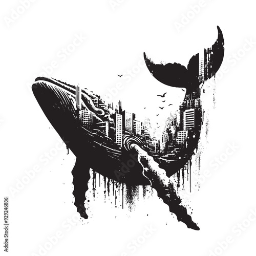 silhouette of Blue Whale filled with destroyed futuristic dystopia environment in rough drawing