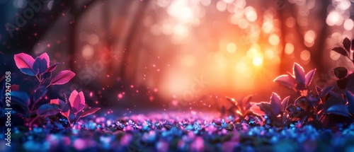 pink and blue flowers in the foreground, a bright light in the background