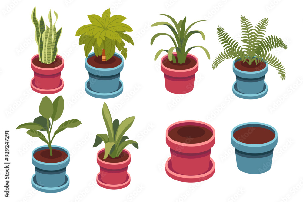 Collection of potted plants in red and blue plastic or ceramic pots. Decorative flora for interior. Vector illustration isolated on white background Collection of potted plants in red and blue plastic or ceramic pots. Decorative flora for interior. Vector illustration isolated on white background