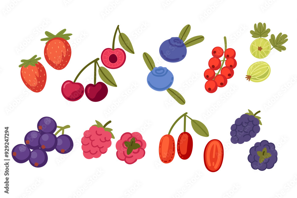 Set of assortment of berries including strawberries, blueberries, and cherries. Healthy eating nutrition. Vector illustration isolated on white background Set of assortment of berries including strawberries, blueberries, and cherries. Healthy eating nutrition. Vector illustration isolated on white background