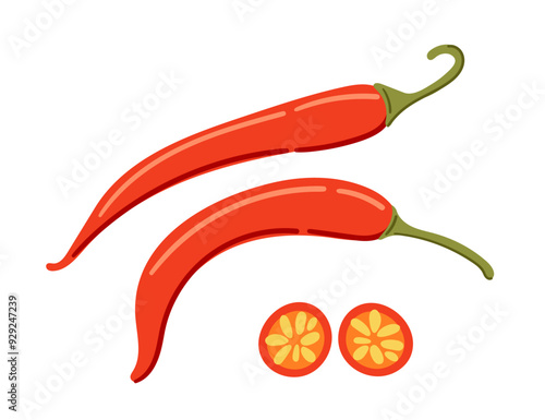 Set of whole and slice of red chili pepper. Spicy red vegetable, hot peppers. Vector illustration isolated on white background