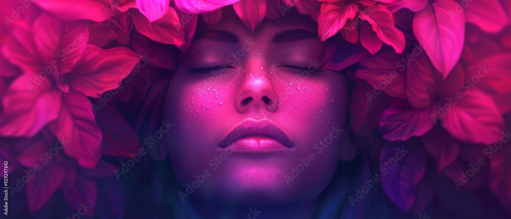 A close-up of a woman with flowers on her head and her eyes closed A close-up of a woman with flowers on her head and her eyes closed