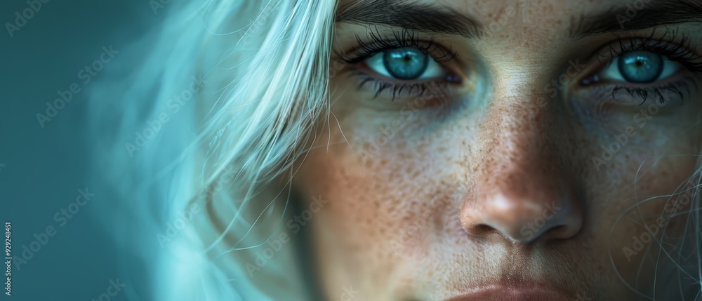 Fototapeta premium A close-up of a woman's face adorned with numerous freckles